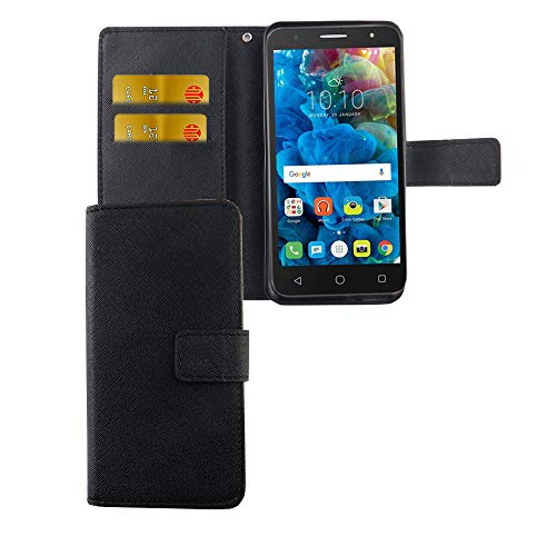 König Design Handyhülle Kompatibel mit Alcatel Pop 4 Handytasche Schutzhülle Tasche Flip Case mit Kreditkartenfächern - Onyx Schwarz von König Design