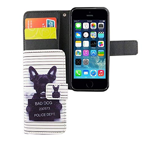 König Design Handyhülle Kompatibel mit Apple iPhone 5 / 5s / SE Handytasche Schutzhülle Tasche Flip Case mit Kreditkartenfächern - Bulldogge Weiß von König Design