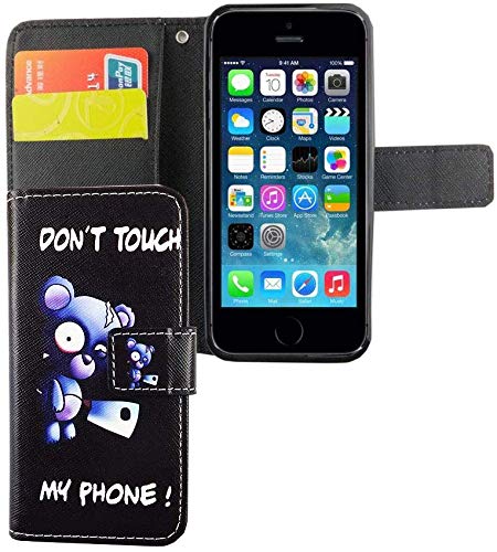 König Design Handyhülle Kompatibel mit Apple iPhone 5 / 5s / SE Handytasche Schutzhülle Tasche Flip Case mit Kreditkartenfächern - Don't Touch My Phone Bär mit Beil von König Design