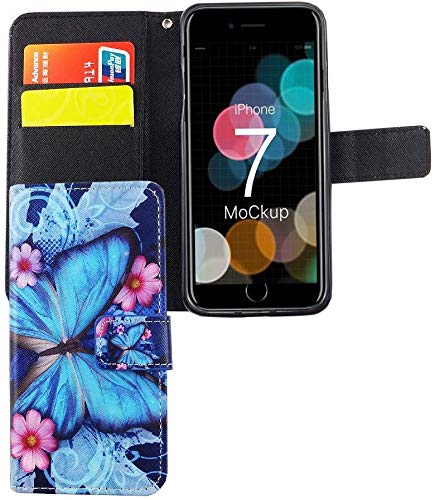 König Design Handyhülle Kompatibel mit Apple iPhone 7 Handytasche Schutzhülle Tasche Flip Case mit Kreditkartenfächern - Schmetterling Blau von König Design