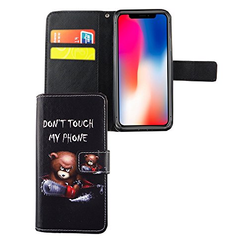 König Design Handyhülle Kompatibel mit Apple iPhone X Handytasche Schutzhülle Tasche Flip Case mit Kreditkartenfächern - Don't Touch My Phone Bär mit Kettensäge von König Design