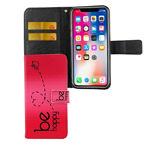 König Design Handyhülle Kompatibel mit Apple iPhone XS Handytasche Schutzhülle Tasche Flip Case mit Kreditkartenfächern - Be Happy Design Pink von König Design