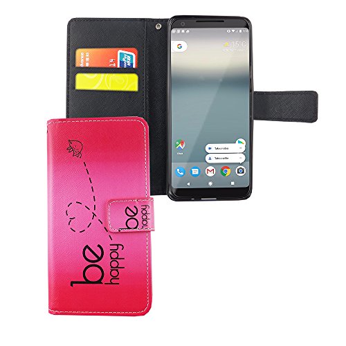 König Design Handyhülle Kompatibel mit Google Pixel 2 Handytasche Schutzhülle Tasche Flip Case mit Kreditkartenfächern - Be Happy Design Pink von König Design
