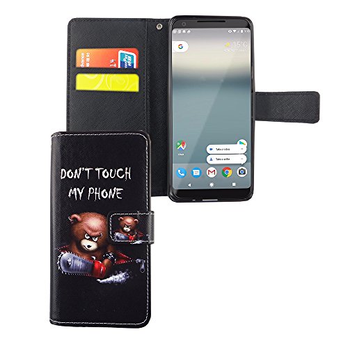 König Design Handyhülle Kompatibel mit Google Pixel 2 Handytasche Schutzhülle Tasche Flip Case mit Kreditkartenfächern - Don't Touch My Phone Bär mit Kettensäge von König Design