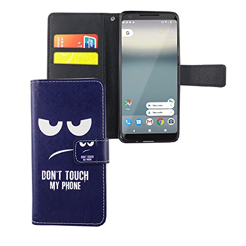 König Design Handyhülle Kompatibel mit Google Pixel 2 Handytasche Schutzhülle Tasche Flip Case mit Kreditkartenfächern - Don't Touch My Phone Weiß Dunkelblau von König Design