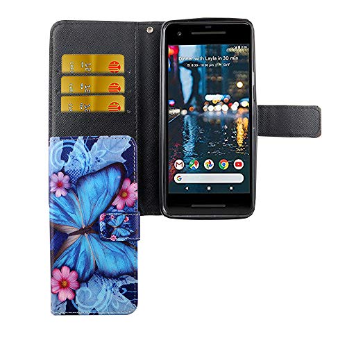 König Design Handyhülle Kompatibel mit Google Pixel 2 Handytasche Schutzhülle Tasche Flip Case mit Kreditkartenfächern - Schmetterling Blau von König Design