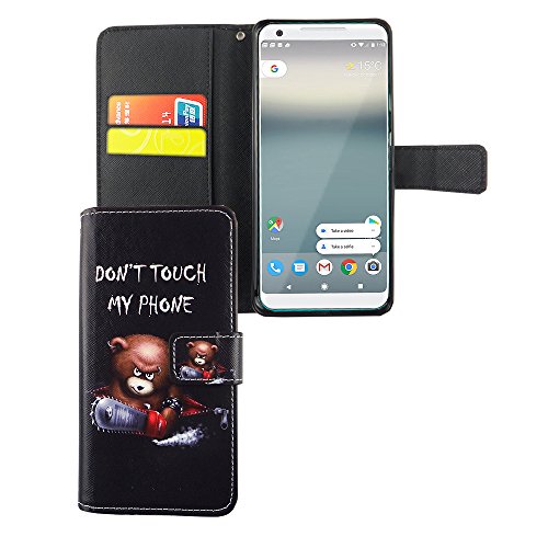 König Design Handyhülle Kompatibel mit Google Pixel 2 XL Handytasche Schutzhülle Tasche Flip Case mit Kreditkartenfächern - Don't Touch My Phone Bär mit Kettensäge von König Design