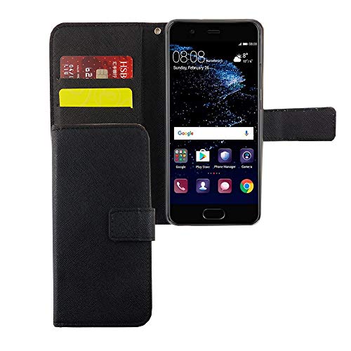 König Design Handyhülle Kompatibel mit Huawei P10 Handytasche Schutzhülle Tasche Flip Case mit Kreditkartenfächern - Onyx Schwarz von König Design