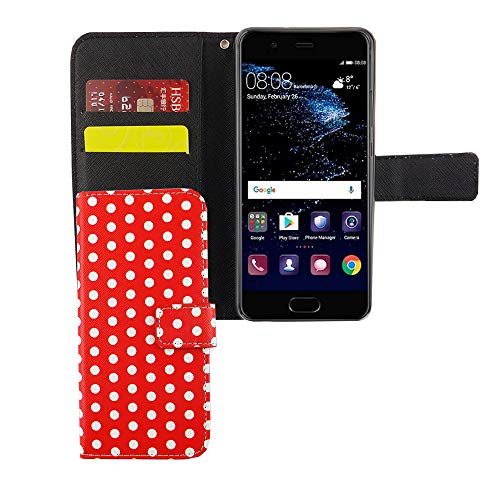 König Design Handyhülle Kompatibel mit Huawei P10 Handytasche Schutzhülle Tasche Flip Case mit Kreditkartenfächern - Polka Dot Weiße Punkte Rot von König Design
