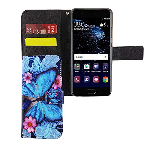 König Design Handyhülle Kompatibel mit Huawei P10 Handytasche Schutzhülle Tasche Flip Case mit Kreditkartenfächern - Schmetterling Blau von König Design