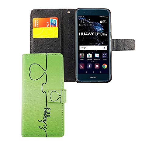 König Design Handyhülle Kompatibel mit Huawei P10 Lite Handytasche Schutzhülle Tasche Flip Case mit Kreditkartenfächern - Be Happy Design Grün von König Design