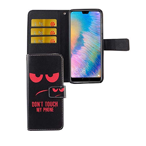 König Design Handyhülle Kompatibel mit Huawei P20 Handytasche Schutzhülle Tasche Flip Case mit Kreditkartenfächern - Don't Touch My Phone Rot Schwarz von König Design