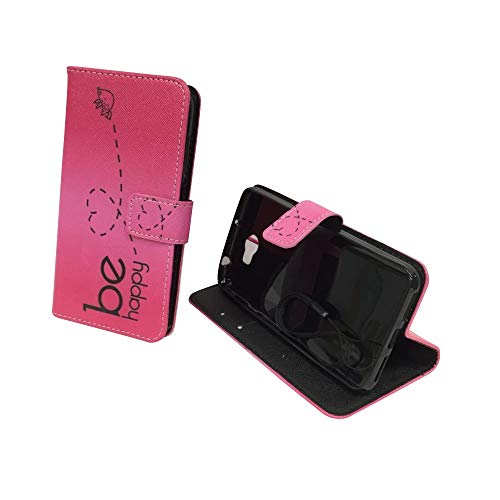 König Design Handyhülle Kompatibel mit Huawei Y5 II Handytasche Schutzhülle Tasche Flip Case mit Kreditkartenfächern - Be Happy Design Pink von König Design