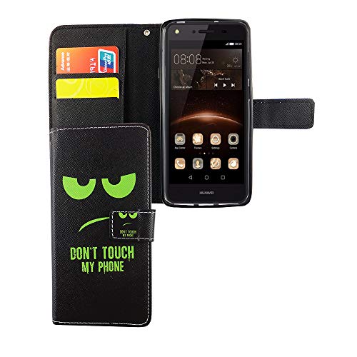 König Design Handyhülle Kompatibel mit Huawei Y5 II Handytasche Schutzhülle Tasche Flip Case mit Kreditkartenfächern - Don't Touch My Phone Grün Schwarz von König Design
