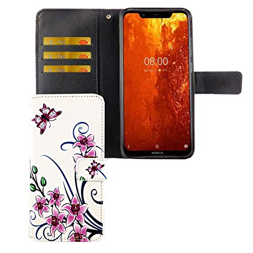 König Design Handyhülle Kompatibel mit Nokia 8.1 Handytasche Schutzhülle Tasche Flip Case mit Kreditkartenfächern - Lotusblume Pink Weiß von König Design