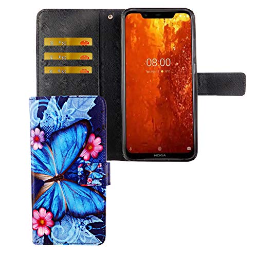 König Design Handyhülle Kompatibel mit Nokia 8.1 Handytasche Schutzhülle Tasche Flip Case mit Kreditkartenfächern - Schmetterling Blau von König Design