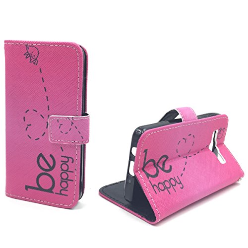 König Design Handyhülle Kompatibel mit Samsung Galaxy A3 (2015) Handytasche Schutzhülle Tasche Flip Case mit Kreditkartenfächern - Be Happy Design Pink von König Design