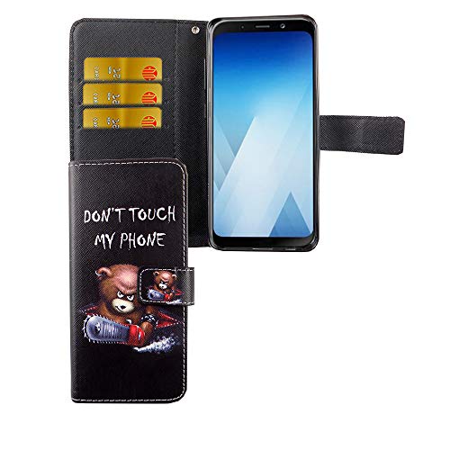 König Design Handyhülle Kompatibel mit Samsung Galaxy A8 (2018) Handytasche Schutzhülle Tasche Flip Case mit Kreditkartenfächern - Don't Touch My Phone Bär mit Kettensäge von König Design