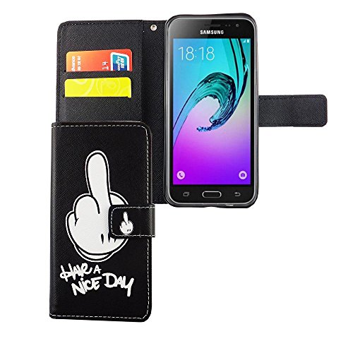 König Design Handyhülle Kompatibel mit Samsung Galaxy J3 Emerge Handytasche Schutzhülle Tasche Flip Case mit Kreditkartenfächern - Have A Nice Day Weiß Schwarz von König Design