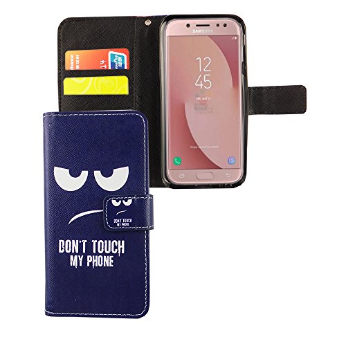 König Design Handyhülle Kompatibel mit Samsung Galaxy J5 (2017) Handytasche Schutzhülle Tasche Flip Case mit Kreditkartenfächern - Don't Touch My Phone Weiß Dunkelblau von König Design