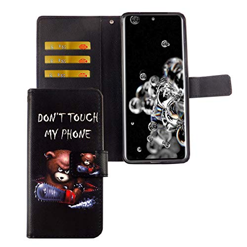 König Design Handyhülle Kompatibel mit Samsung Galaxy S20 Ultra Handytasche Schutzhülle Tasche Flip Case mit Kreditkartenfächern - Don't Touch My Phone Bär mit Kettensäge von König Design