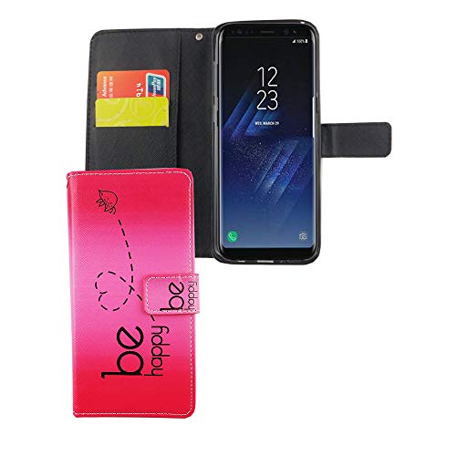 König Design Handyhülle Kompatibel mit Samsung Galaxy S8 Plus Handytasche Schutzhülle Tasche Flip Case mit Kreditkartenfächern - Be Happy Design Pink von König Design