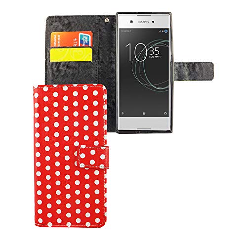 König Design Handyhülle Kompatibel mit Sony Xperia XA1 Handytasche Schutzhülle Tasche Flip Case mit Kreditkartenfächern - Polka Dot Weiße Punkte Rot von König Design