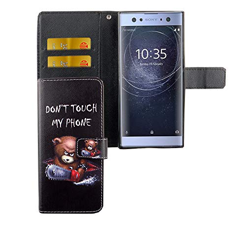König Design Handyhülle Kompatibel mit Sony Xperia XA2 Handytasche Schutzhülle Tasche Flip Case mit Kreditkartenfächern - Don't Touch My Phone Bär mit Kettensäge von König Design