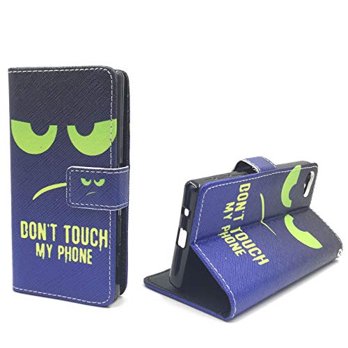 König Design Handyhülle Kompatibel mit Sony Xperia Z5 Compact Handytasche Schutzhülle Tasche Flip Case mit Kreditkartenfächern - Don't Touch My Phone Grün Dunkelblau von König Design
