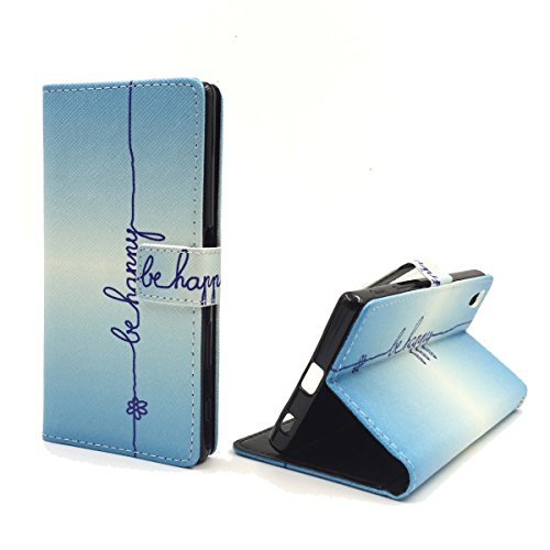 König Design Handyhülle Kompatibel mit Sony Xperia Z5 Handytasche Schutzhülle Tasche Flip Case mit Kreditkartenfächern - Be Happy Blau von König Design