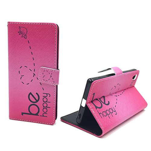 König Design Handyhülle Kompatibel mit Sony Xperia Z5 Handytasche Schutzhülle Tasche Flip Case mit Kreditkartenfächern - Be Happy Design Pink von König Design