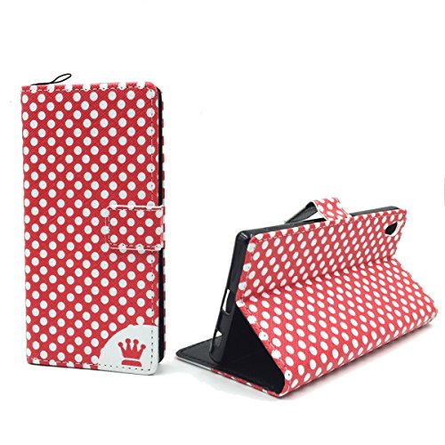 König Design Handyhülle Kompatibel mit Sony Xperia Z5 Handytasche Schutzhülle Tasche Flip Case mit Kreditkartenfächern - Polka Dot Rot Weiß von König Design