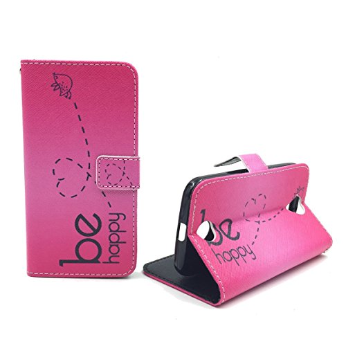 König Design Handyhülle Kompatibel mit ZTE Blade L3 Handytasche Schutzhülle Tasche Flip Case mit Kreditkartenfächern - Be Happy Design Pink von König Design