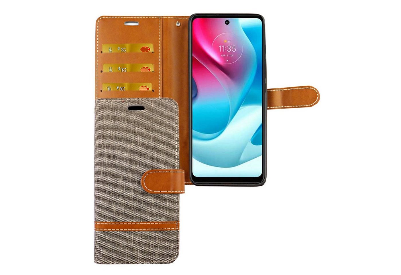 König Design Handyhülle Motorola Moto G60S, Schutzhülle für Motorola Moto G60S Tasche Handy Hülle Schutz-Cover Flip-Case mit Kartenfach Jeans Grau von König Design