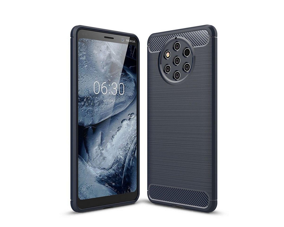 König Design Handyhülle Nokia 9 Pure View, Nokia 9 Pure View Handyhülle Carbon Optik Backcover Blau von König Design