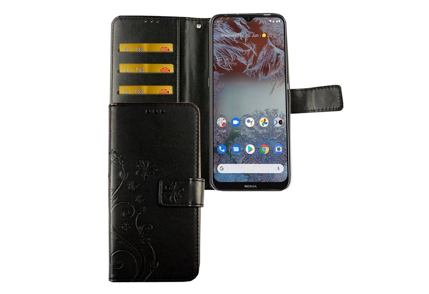 König Design Handyhülle Nokia G10 / G20, Schutzhülle für Nokia G10 / G20 Tasche Handy Hülle Schutz-Cover Flip-Case mit Kartenfach Blumen Schwarz König Design Handyhülle Nokia G10 / G20, Schutzhülle für Nokia G10 / G20 Tasche Handy Hülle Schutz-Cover Flip-Case mit Kartenfach Blumen Schwarz von König Design