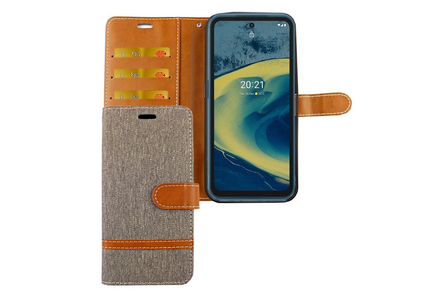 König Design Handyhülle Nokia XR20, Schutzhülle für Nokia XR20 Tasche Handy Hülle Schutz-Cover Flip-Case mit Kartenfach Jeans Grau von König Design