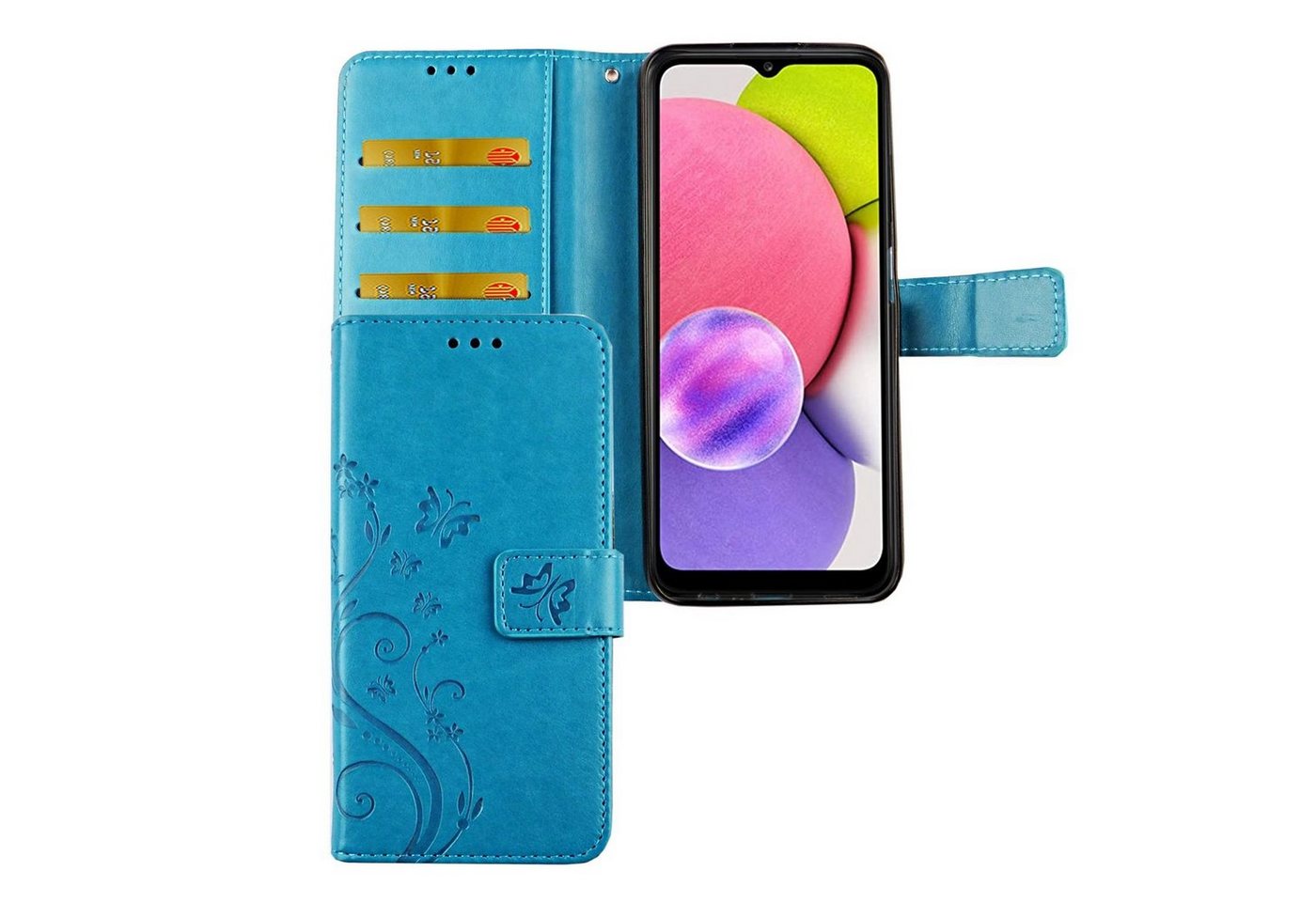 König Design Handyhülle Samsung Galaxy A02s, Schutzhülle für Samsung Galaxy A02s Tasche Handy Hülle Schutz-Cover Flip-Case mit Kartenfach Blau Blau von König Design
