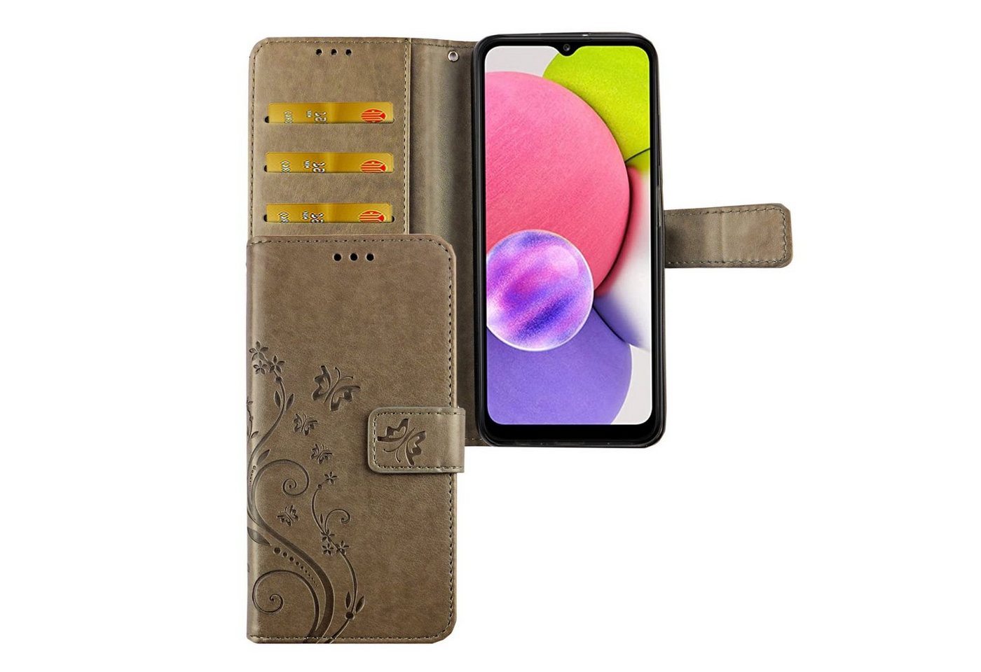 König Design Handyhülle Samsung Galaxy A02s, Schutzhülle für Samsung Galaxy A02s Tasche Handy Hülle Schutz-Cover Flip-Case mit Kartenfach Grau Grau von König Design