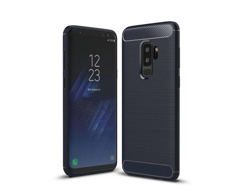 König Design Handyhülle Samsung Galaxy S9 Plus, Samsung Galaxy S9 Plus Handyhülle Carbon Optik Backcover Blau von König Design