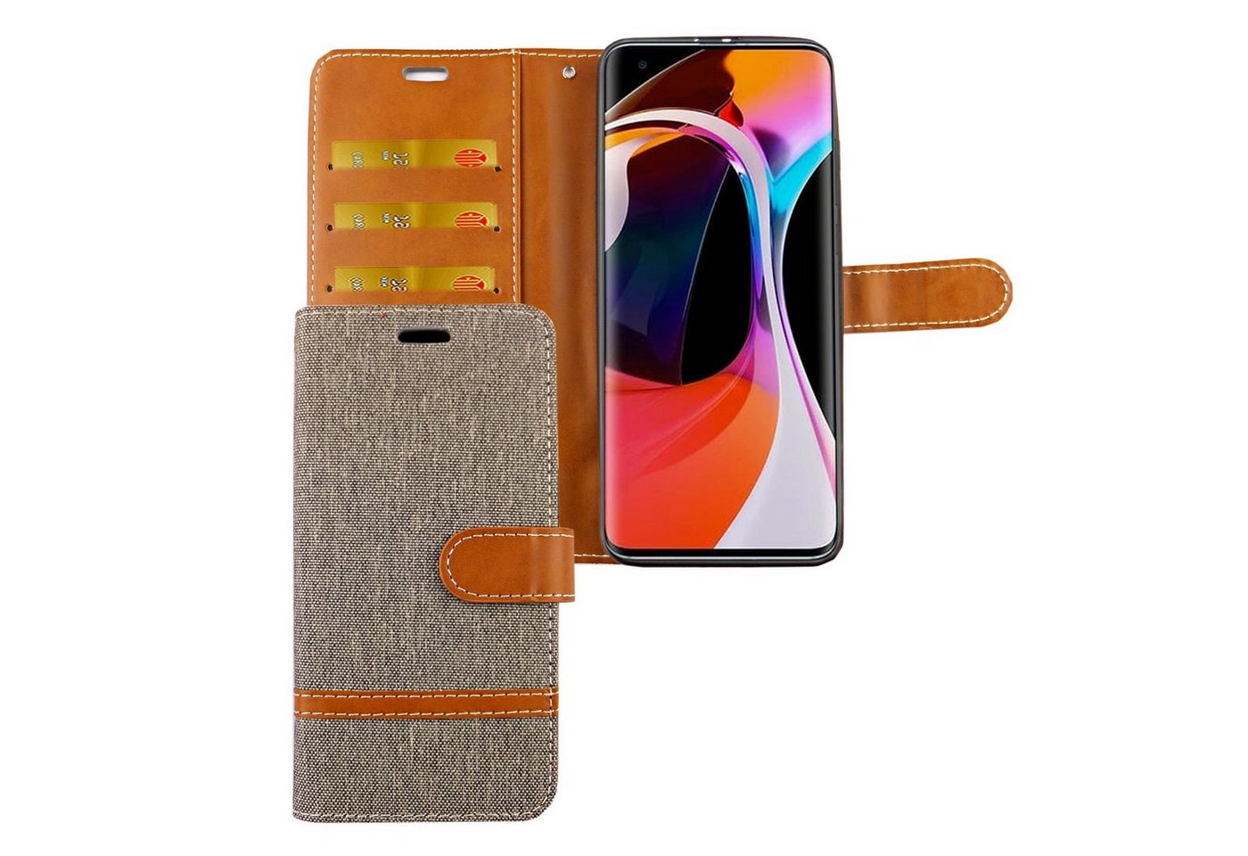 König Design Handyhülle Xiaomi Mi 10, Schutzhülle für Xiaomi Mi 10 Tasche Handy Hülle Schutz-Cover Flip-Case mit Kartenfach Jeans Grau von König Design