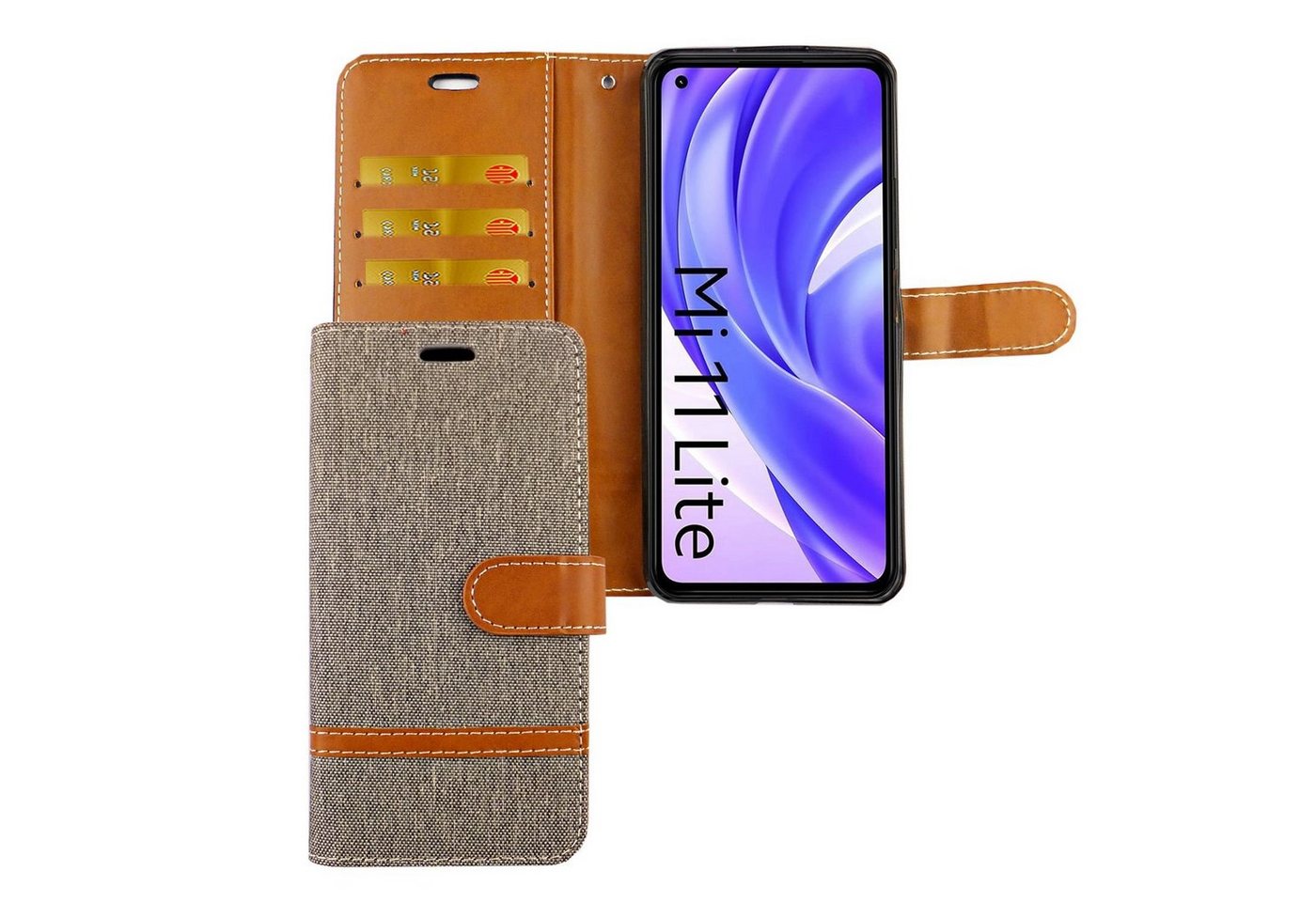 König Design Handyhülle Xiaomi Mi 11 Lite, Schutzhülle für Xiaomi Mi 11 Lite Tasche Handy Hülle Schutz-Cover Flip-Case mit Kartenfach Jeans Grau von König Design