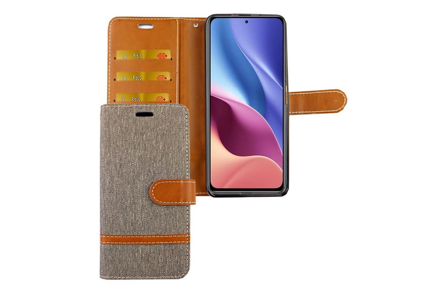 König Design Handyhülle Xiaomi Mi 11i / Poco F3, Schutzhülle für Xiaomi Mi 11i / Poco F3 Tasche Handy Hülle Schutz-Cover Flip-Case mit Kartenfach Jeans Grau von König Design