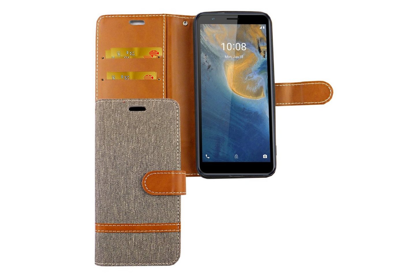 König Design Handyhülle ZTE Blade A31, Schutzhülle für ZTE Blade A31 Tasche Handy Hülle Schutz-Cover Flip-Case mit Kartenfach Jeans Grau von König Design