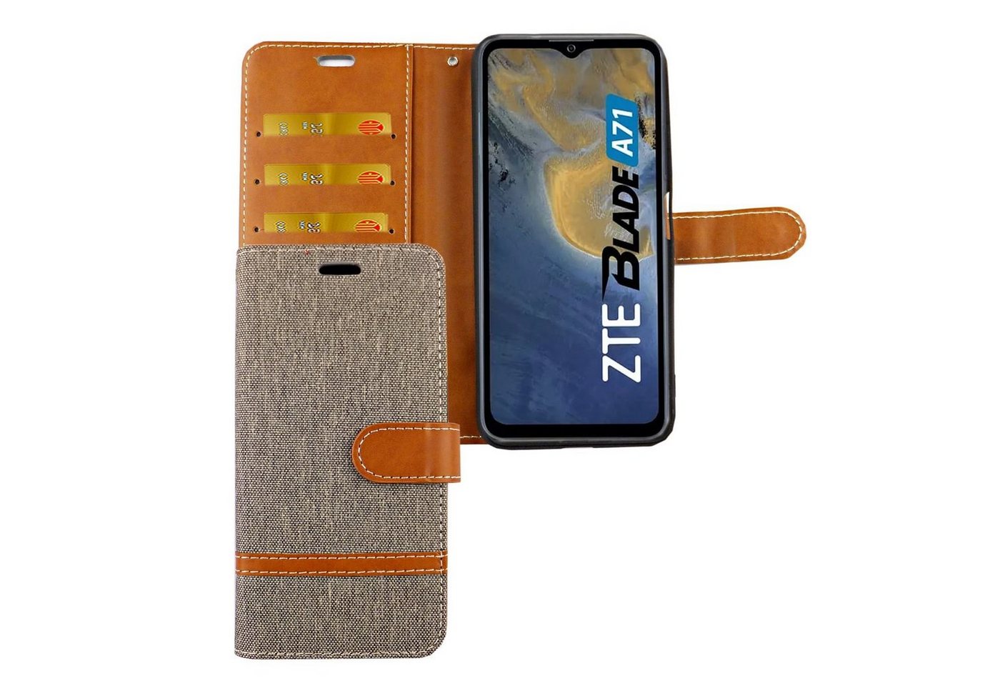 König Design Handyhülle ZTE Blade A71, Schutzhülle für ZTE Blade A71 Tasche Handy Hülle Schutz-Cover Flip-Case mit Kartenfach Jeans Grau von König Design