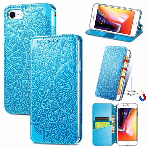 König Design Handyhülle kompatibel für Apple iPhone 7/8 SE 2020 Schutztasche Case Cover Wallet Mandala Blau von König Design