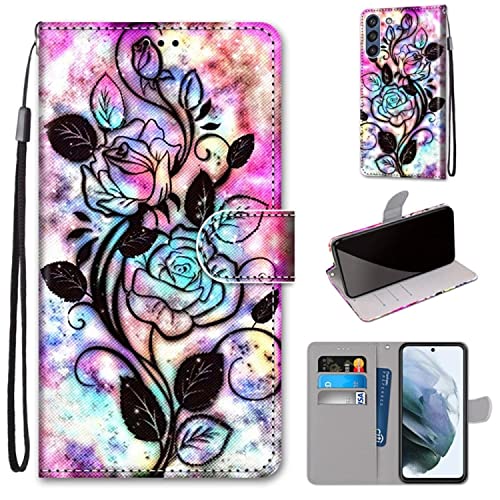 König Design Handyhülle kompatibel mit Samsung Galaxy S21 FE Schutztasche Wallet Cover 360 Case Etuis Farbe Bottom Hollow Flower von König Design