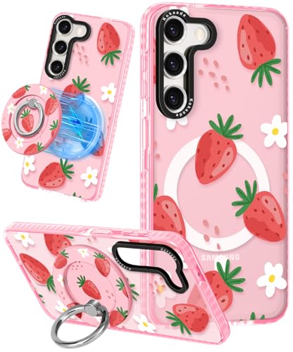Kokaade Schutzhülle für Samsung Galaxy S23 für Damen und Mädchen – niedliches Kawaii-Erdbeer-Blumen-Design, kompatibel mit Magsafe, magnetischer Ringhalterung, Ständer, Handyhülle, mädchenhafte von Kokaade
