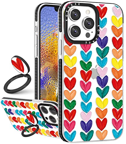 Kokaaee (2-in-1 für iPhone 14 Pro Hülle Herz für Frauen Mädchen Girly Cute Phone Cases Love Hearts Design Regenbogen Bunte weiche TPU Bumper Fashion Cover + Ringhalter für iPhone 14Pro 6,1 Zoll von Kokaaee