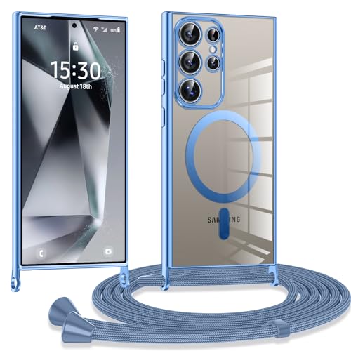 Kokio Handykette Hülle für Samsung Galaxy S24 Ultra 5G mit Band, Magnetische Transparent Handyhülle Kompatibel mit MagSafe, Kratzfeste Stossfest Schutzhülle mit Einstellbar Kette,Blau von Kokio